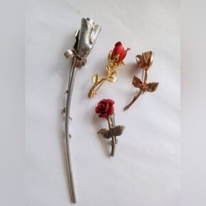 Rose Bud Brooch Lot Long Stem Vintage Silver And‎ Gold Tone Lot Of 4 Brooches
